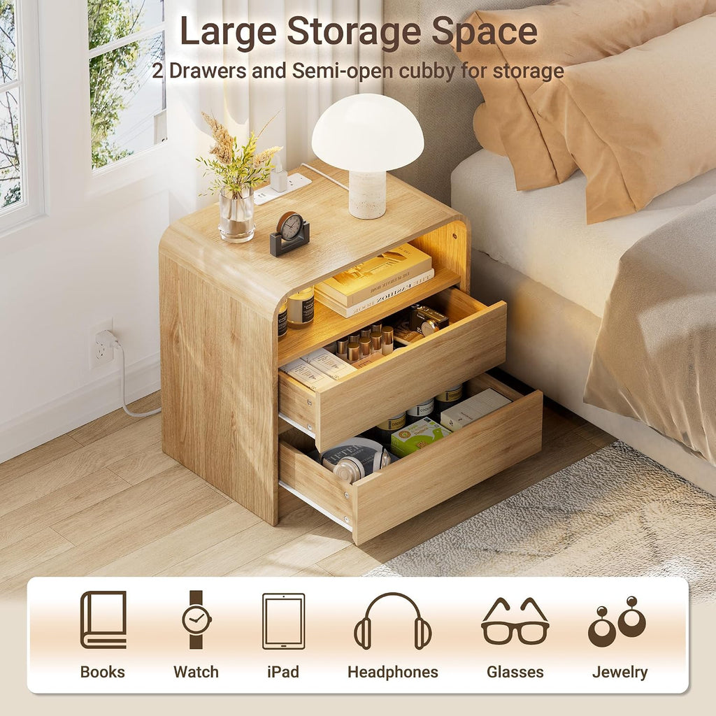 23"W 2 Drawer Nightstand with Charging Station and RGB LED Light | Curved Profile, Natural Oak, Handleless, Bedroom, FSC-Certified Wood, Modern, Open Shelf, Night Stand, End Table