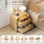 23"W 2 Drawer Nightstand with Charging Station and RGB LED Light | Curved Profile, Natural Oak, Handleless, Bedroom, FSC-Certified Wood, Modern, Open Shelf, Night Stand, End Table