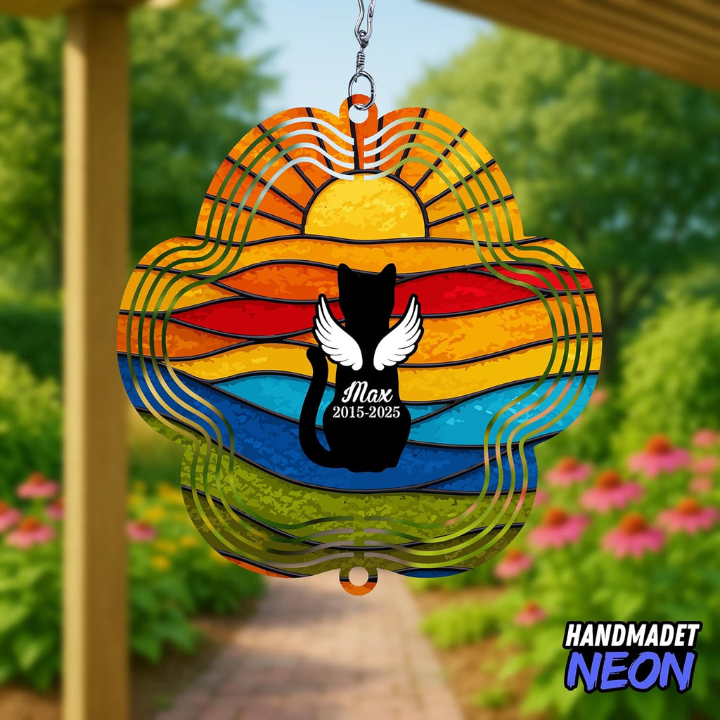 Personalized Cat Memorial Wind Spinner Metal Outdoor Art, Custom Rainbow Angel Wings 3D Kinetic Sculpture, Ornament Hanging Pet Sympathy Gifts for Cats