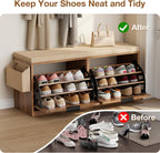 HOMMPA Shoe Storage Bench, Entryway Bench with Shoe Storage & 2 Flip Drawer & Seat Cushion, Rattan Hidden Shoe Rack Bench, Wooden Entry Way Shoe Cabinet for Hallway, Bedroom, Mudroom