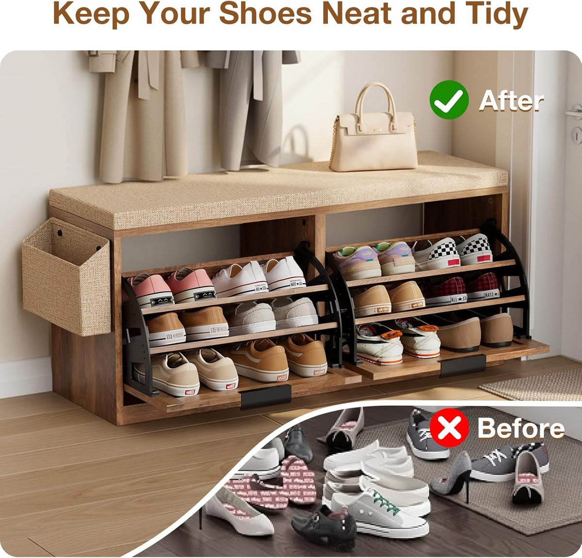 HOMMPA Shoe Storage Bench, Entryway Bench with Shoe Storage & 2 Flip Drawer & Seat Cushion, Rattan Hidden Shoe Rack Bench, Wooden Entry Way Shoe Cabinet for Hallway, Bedroom, Mudroom