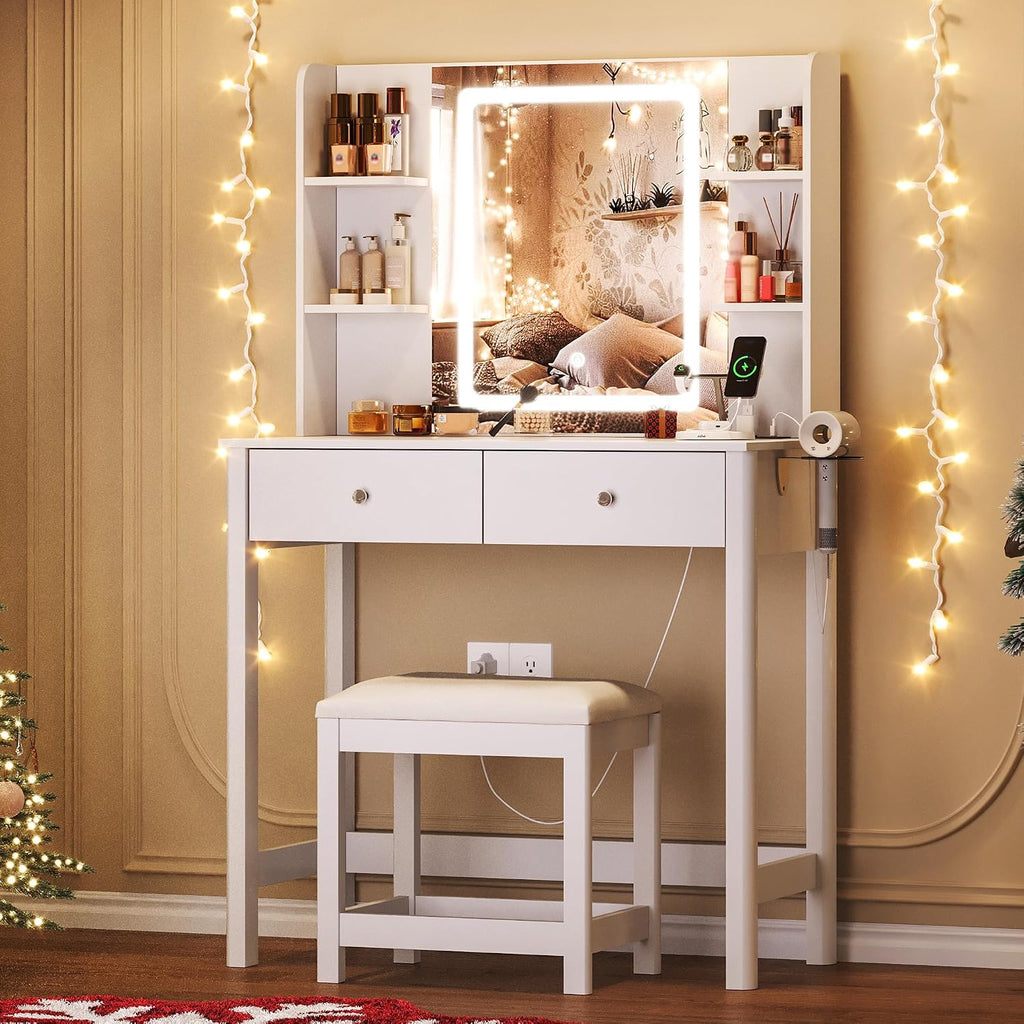 Vanity Desk with LED Mirror, 3 Lighting Modes and Chair | Small Makeup Vanity Table Set with Drawers, Dressing Table with Power Outlet for Girls Bedroom, White