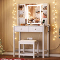 Vanity Desk with LED Mirror, 3 Lighting Modes and Chair | Small Makeup Vanity Table Set with Drawers, Dressing Table with Power Outlet for Girls Bedroom, White