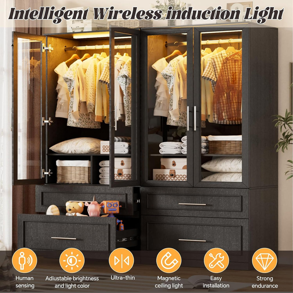 PAKASEPT Armoire Wardrobe Closet with Glass Door and Drawers, Bedroom Closet Wardrobe Cabinet with Hanging Rod, Lighted Freestanding Armoire Storage Cabinet for Bedroom Cloakroom