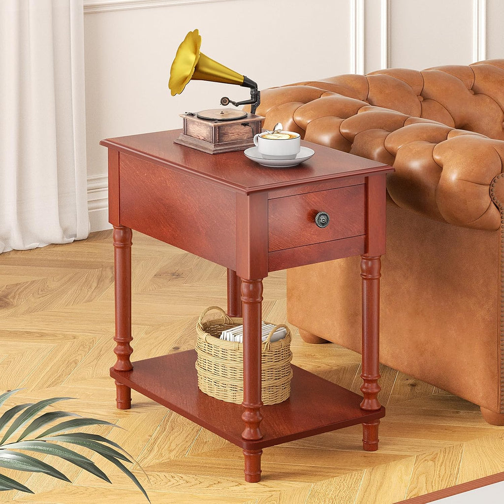 ROOMTEC Solid Wood End Table with Drawer and Shelf, Narrow Side Table Living Room, Vintage Wood Narrow Sofa Side Table, Nightstand for Bedroom, 14" W x 22" D x 24.8" H