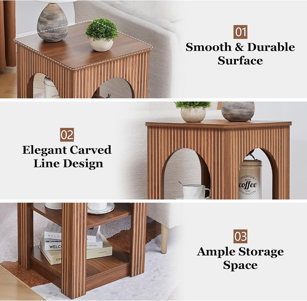 weselon End Table Set of 2, Mid-Century Modern Side Table with 3-Tier Storage Shelves and Arched Carving Lines, Square Fluted Nightstand for Living Room, Bedroom, or Office (2, Walnut)