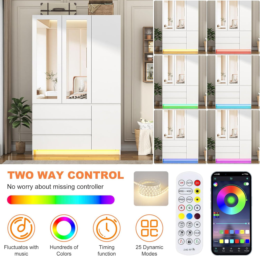 75"H Tall Modern 3 Doors Wooden Armoire Wardrobe Closet with 3 Drawers & 2 Mirror,Clothing Storage Cabinet with Hanging Rod,Bedroom Large Freestanding Armoires with Led Lights for Bedroom,White