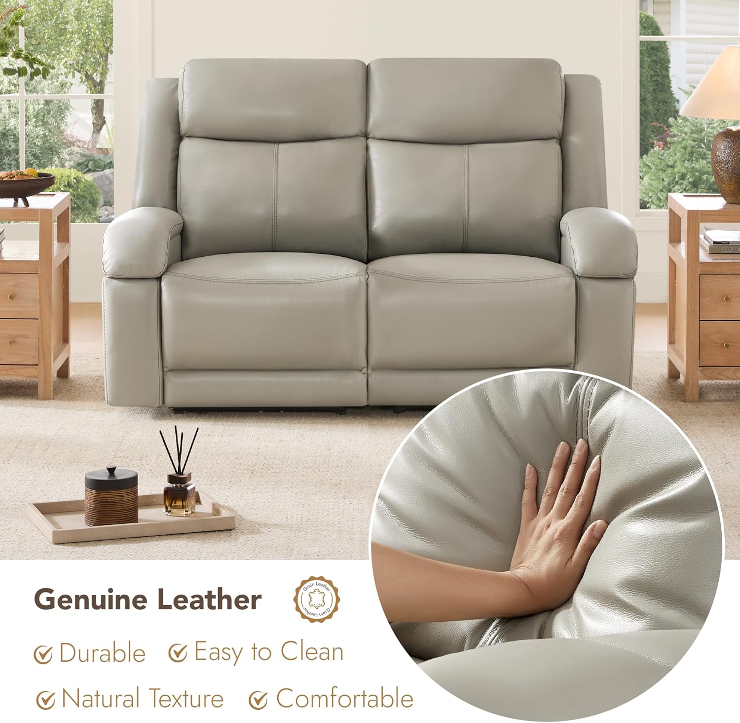 Watson & Whitely Genuine Leather Power Loveseat Recliner Sofa, 2 Seat Wall Hugger Reclining Sofa with Power Headrest & Charging Ports, Dual Recliner Sofas for Living Room, RV, Grey