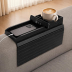 Bamboo Couch Arm Tray Table with Built-in Cup Holder, Foldable Anti-Slip Sofa Armrest Table for Drinks, Phone & Remote, Fits 4.7–16.9 in Armrests, Holds Cups up to 3.5 in Diameter (Black)