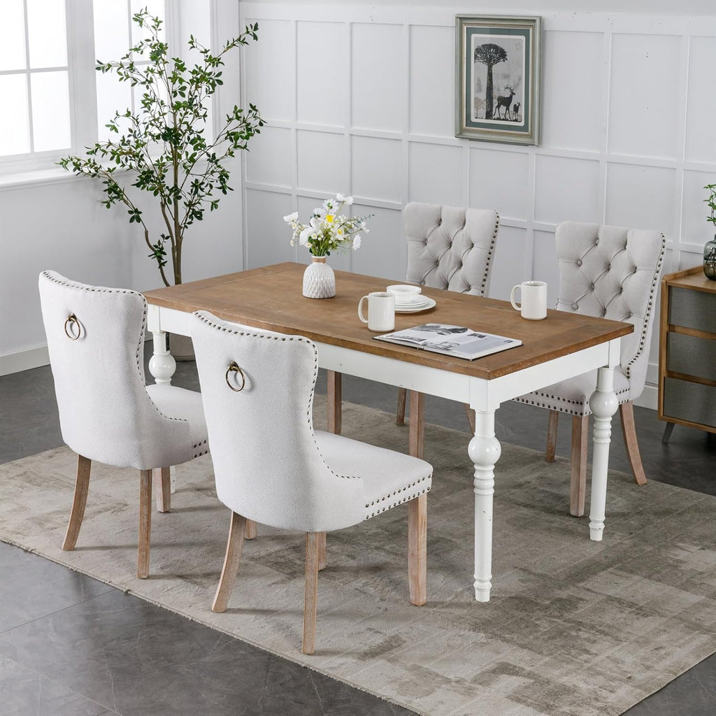 Linen Dining Chairs Set of 2, Tufted Upholstered High Wingback Chairs with Nailhead Trim & Pull Ring, Solid Wood Legs in Weathered Finish for Dining Room, Sillas de Comedor, Beige