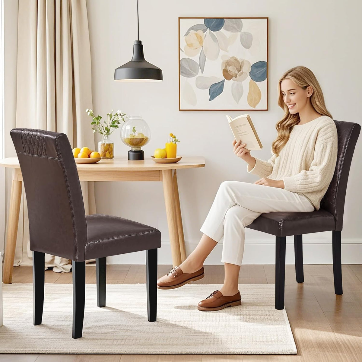 VECELO Dining Chairs Set of 2, Upholstered PU Leather Wood Legs High Back for Kitchen Living Room, Coffee