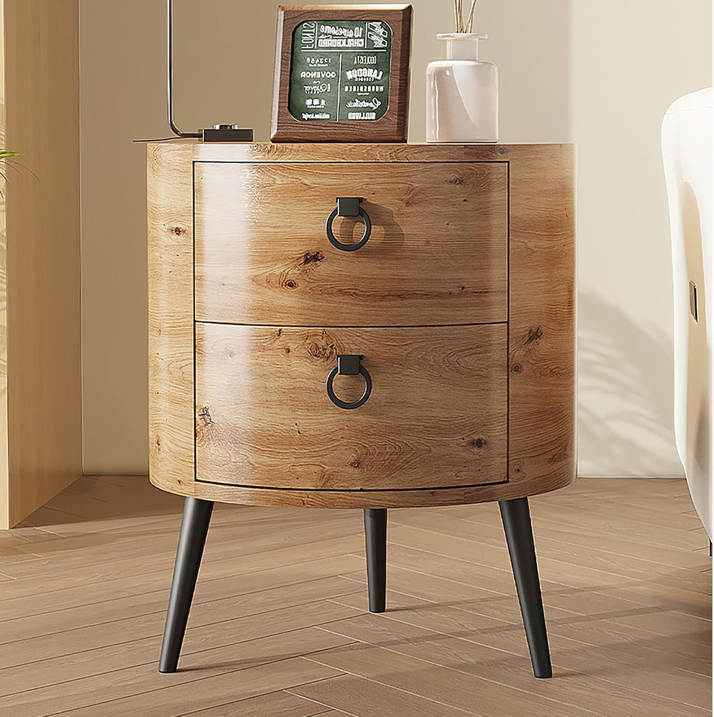GarveeHome Round Side Table with Drawers Modern Night Stand with Storage Wooden Accent End Table Circle Bedside Table with Metal Legs for Living Room, Bedroom (Natural)