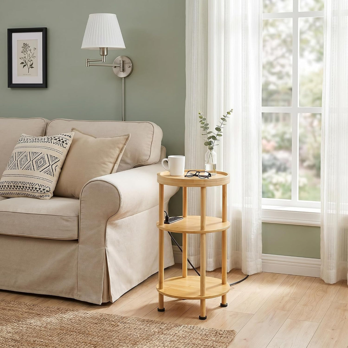 3-Tier Bamboo Round Side Table with Charging Station, Small Round Bamboo End Table with USB Ports & Power Outlets - Corner Table Sofa End Table for Living Room, Bedroom (with Outlet, Natural)