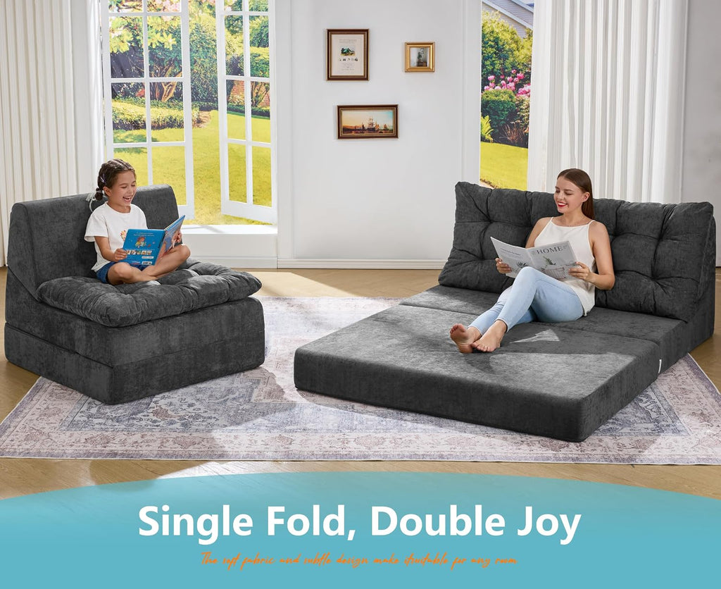 Hobestluk Sofa Couch Folding Sofa Bed Comfy Floor Lounger Convertible Sofa with Removable Cushion Couches for Small Spaces Foldable Mattress for Living Room Bedroom or Office (Chenille Grey, Large)