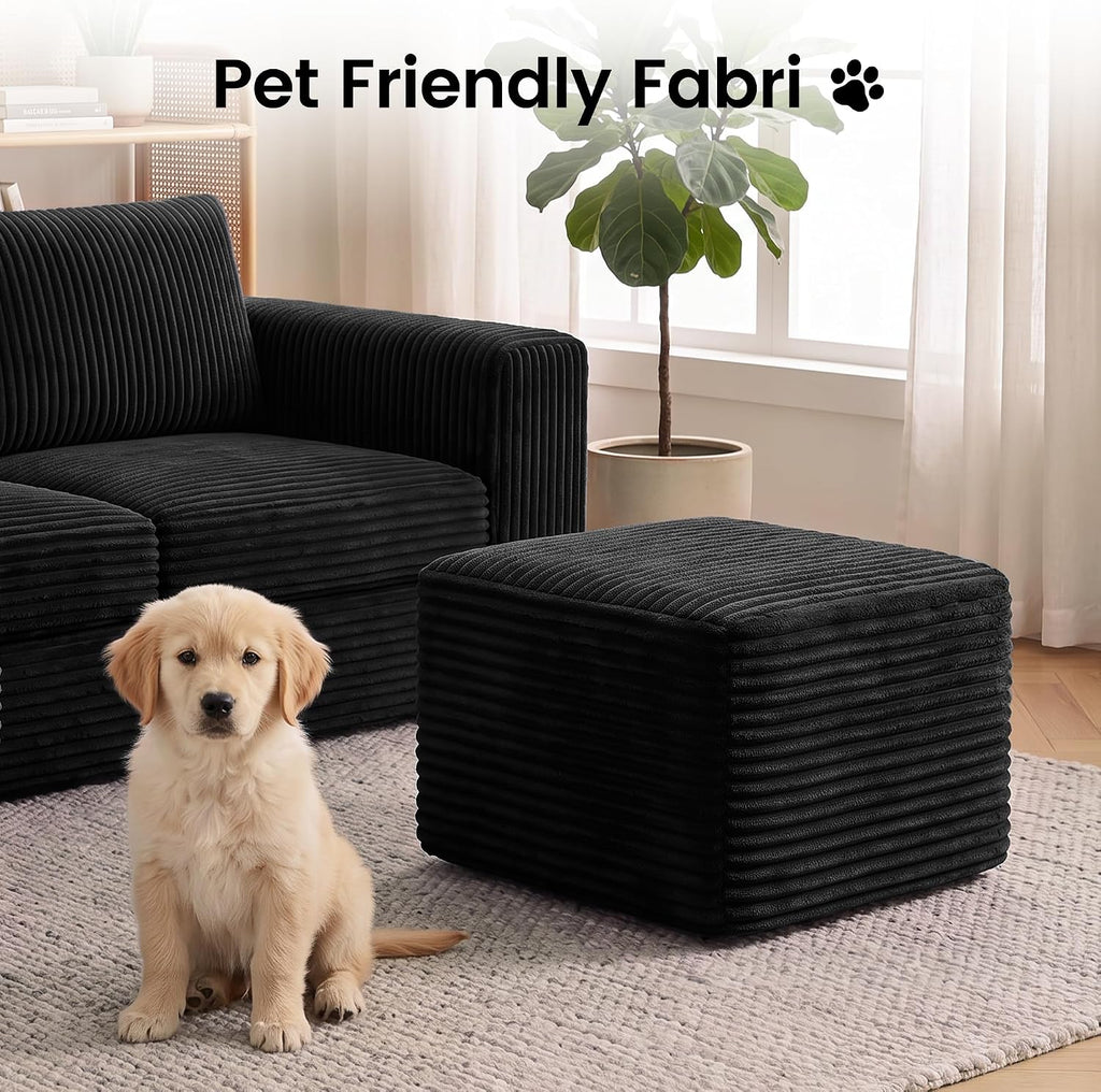 27.6" Floor Ottoman, Plush Corduroy Ottoman Foot Rest for Couch in a Box, Compressed Soft Foam Footrest No Assembly Require, Large Square Footstool for Living Room, Bedroom, Black