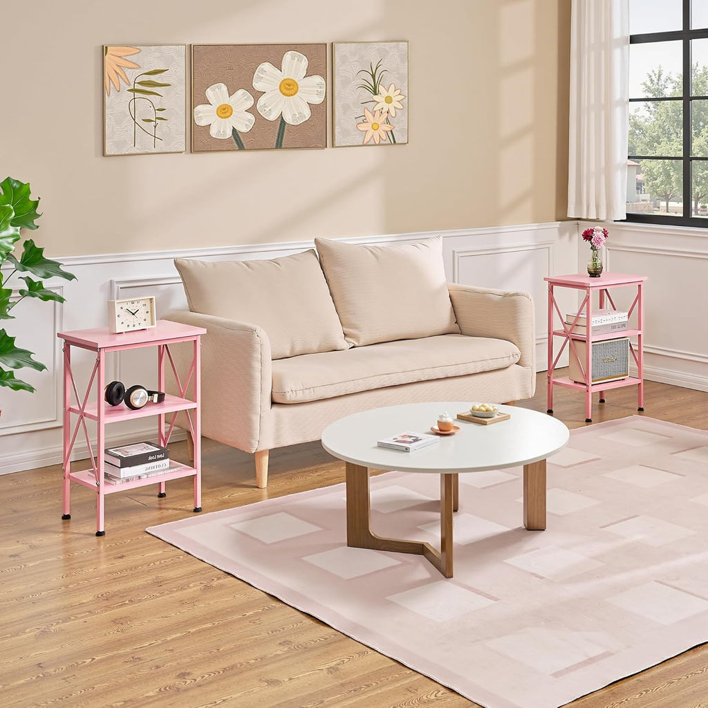 VECELO End Side Table Night Stand Set of 2,X-Design with Storage Shelf for Bedroom,Living Room,Pink