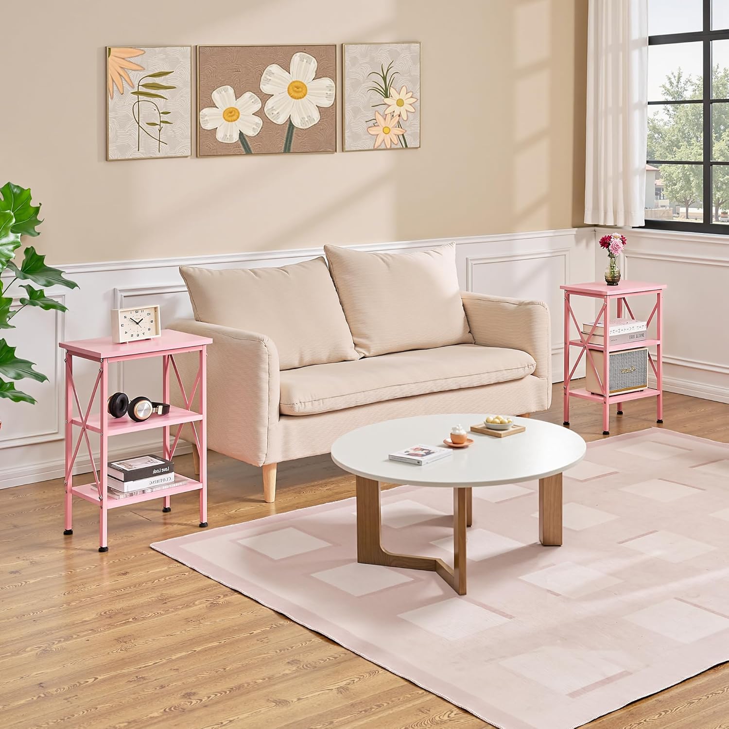 VECELO End Side Table Night Stand Set of 2,X-Design with Storage Shelf for Bedroom,Living Room,Pink