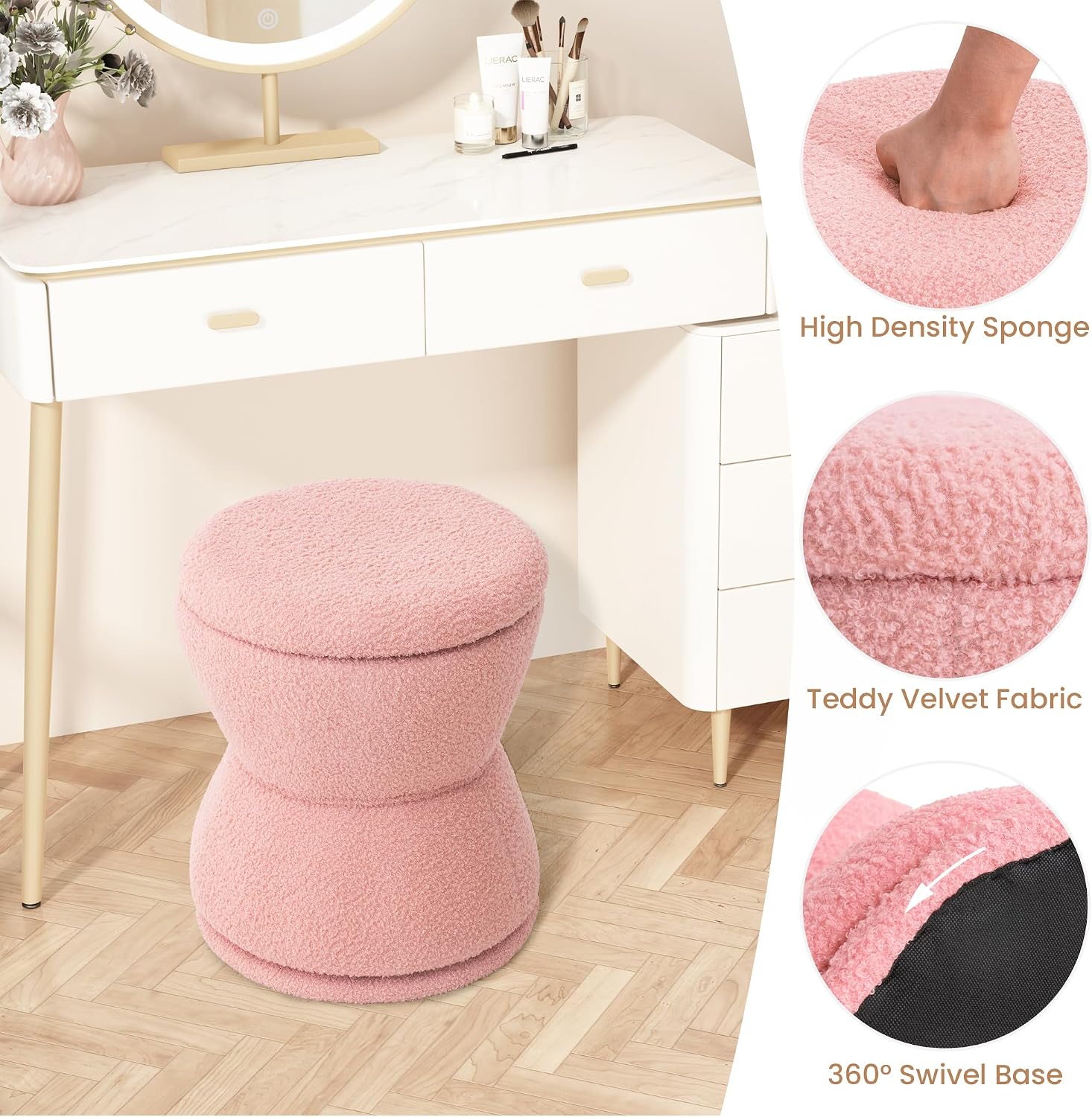 EazeHome Round Ottoman with Storage, 360° Swivel Boucle Ottoman Vanity Stool, Upholstered Footstool with Storage Removable Lid, Modern Footrest Coffee Table for Living Room, Dorm, Makeup Room, Pink