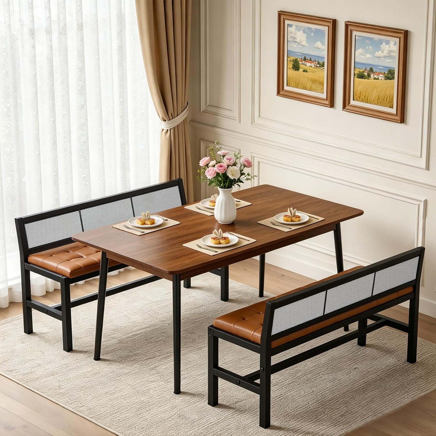 YATINEY Dining Bench, 39.4'' Kitchen Bench with Back, Dining Room Bench with PU Leather Upholstered Seat, Entryway Bench with Metal Legs for Dining Room, Entryway, Living Room, Black and Brown DB01BV