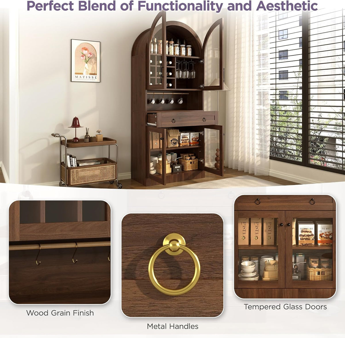 Merax 70" Tall Arched Farmhouse Pantry Cabinet with Glass Doors, Walnut | Mid-Century Kitchen Storage Cupboard with 9 Wine Racks, Adjustable Shelf, and Large Drawer for Coffee Bar, Liquor Storage