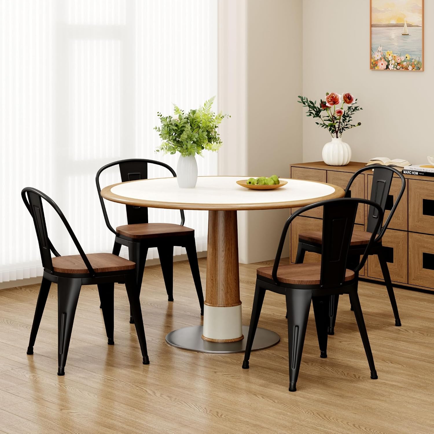18 Inch Metal Dining Chairs Set of 4 Farmhouse Kitchen Chairs with Wooden Seat and Metal Backrest Stackable Black Dining Room Seating