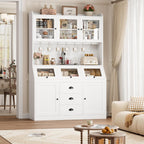 HIFIT 71.4” H Kitchen Hutch Pantry Cabinet with 3 Bread Boxes&7 Metal Hooks | Farmhouse Kitchen Hutch Cabinet with Storage and Glass Doors for Living Dining Room, Home Office, White