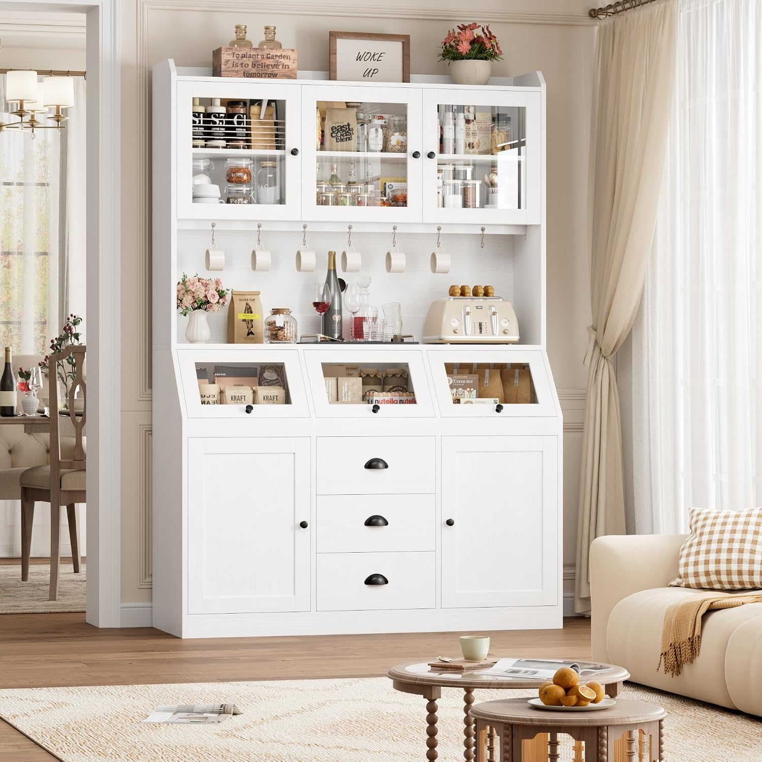 HIFIT 71.4” H Kitchen Hutch Pantry Cabinet with 3 Bread Boxes&7 Metal Hooks | Farmhouse Kitchen Hutch Cabinet with Storage and Glass Doors for Living Dining Room, Home Office, White