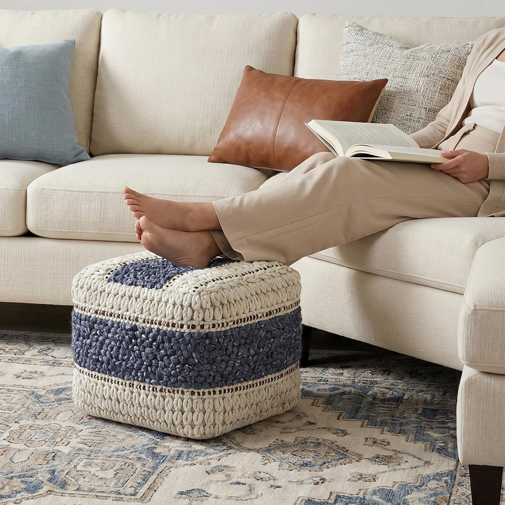 SIMPLIHOME Grady 18" Wide Square Pouf in Blue/Natural Wool and Cotton | Contemporary footstool, extra seating for living room with polystyrene bead filling, assembled; floor cushion or accent seat.