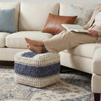 SIMPLIHOME Grady 18" Wide Square Pouf in Blue/Natural Wool and Cotton | Contemporary footstool, extra seating for living room with polystyrene bead filling, assembled; floor cushion or accent seat.