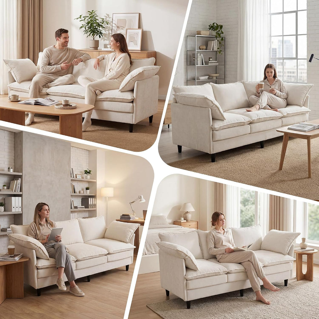 69" Couch Sofa L-Shape 3 Seat with Ottoman, Small Cloud Sofa Double-Layer Cushion 23" Deep Seat Washable Chenille Pillows Couches for Living Room Apartment Office 69-Beige-L