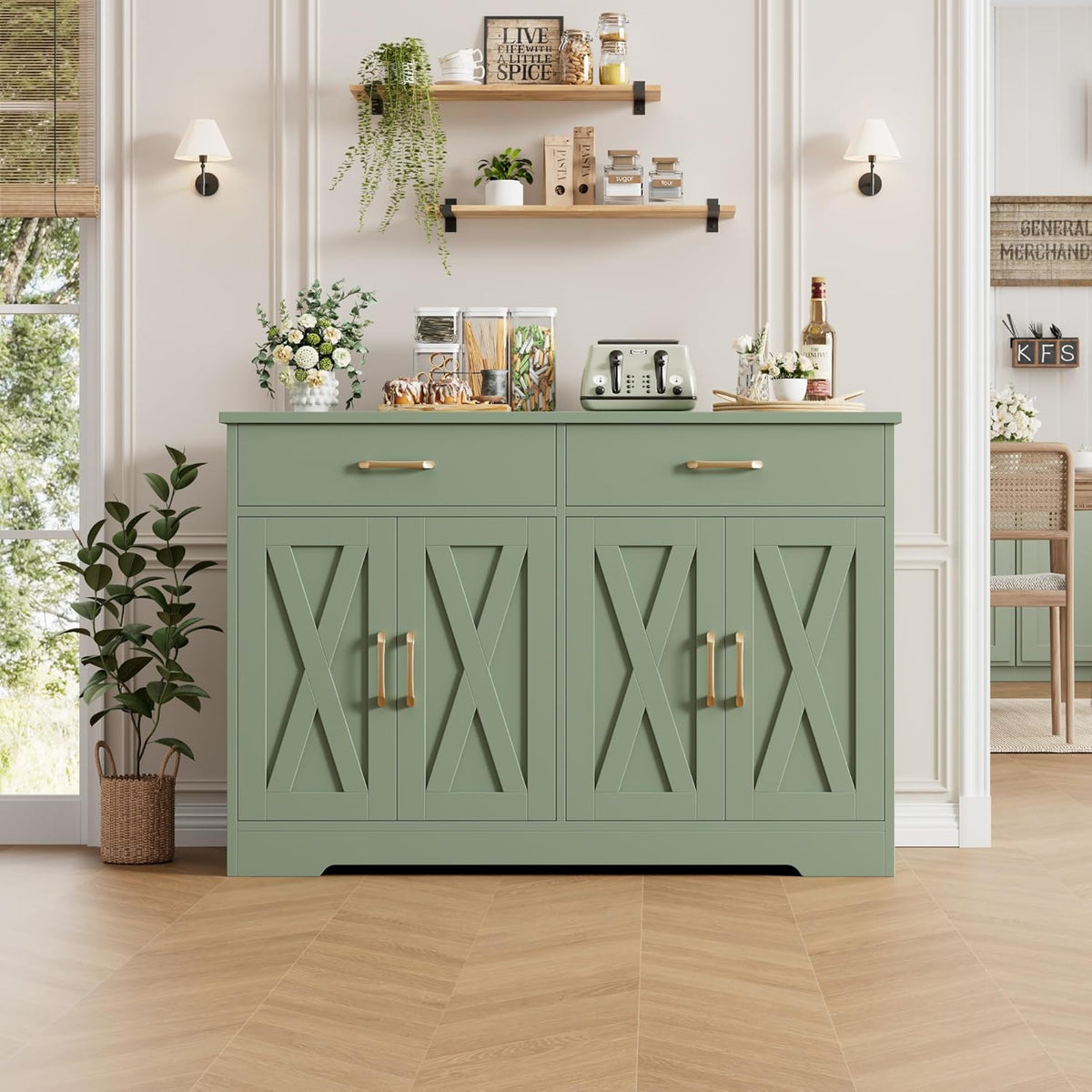 HOSTACK Buffet Cabinet with Storage, 47.2" Kitchen Sideboard Buffet with Drawers, Modern Farmhouse Coffee Bar Station with Shelves, Barn Doors Storage Cabinet for Living Room, Green