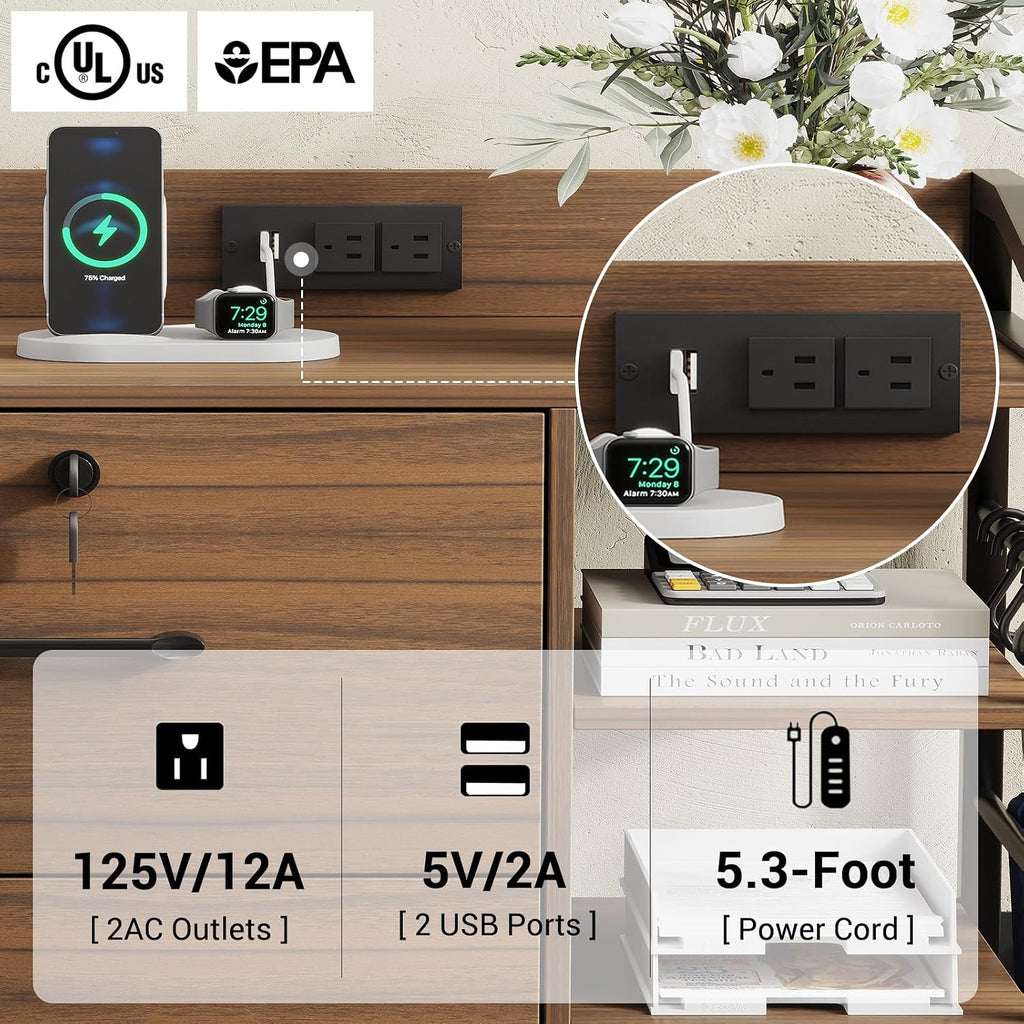 SEDETA 44" File Cabinet with Lock, Filing Cabinet fits Legal/Letter Size | Walnut Lateral 2 Drawer Filing Cabinets for Home Office with Lock, Power Strip, 6 Storage Shelves, Wheels and 4 Hooks