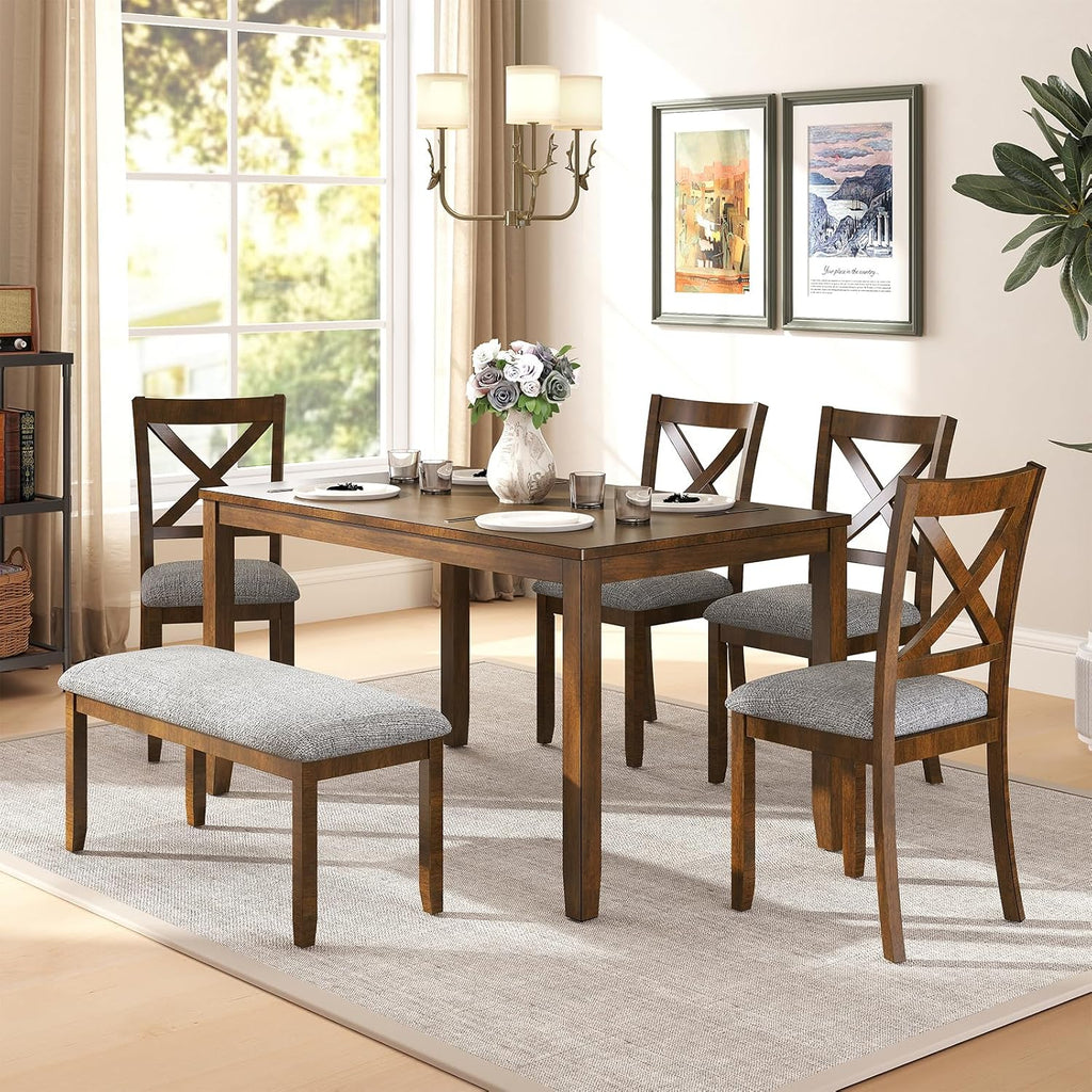Zevemomo 6-Piece Wooden Dining Table Set, Wooden Legs Dining Table, Walnut | Dining Table Set for 6, Including 1 Dining Table, 4 Upholstered Chairs and 1 Bench, Table Set for Dining Room & Kitchen