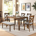 Zevemomo 6-Piece Wooden Dining Table Set, Wooden Legs Dining Table, Walnut | Dining Table Set for 6, Including 1 Dining Table, 4 Upholstered Chairs and 1 Bench, Table Set for Dining Room & Kitchen