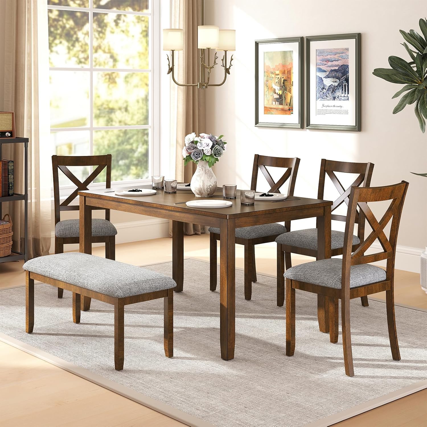 Zevemomo 6-Piece Wooden Dining Table Set, Wooden Legs Dining Table, Walnut | Dining Table Set for 6, Including 1 Dining Table, 4 Upholstered Chairs and 1 Bench, Table Set for Dining Room & Kitchen