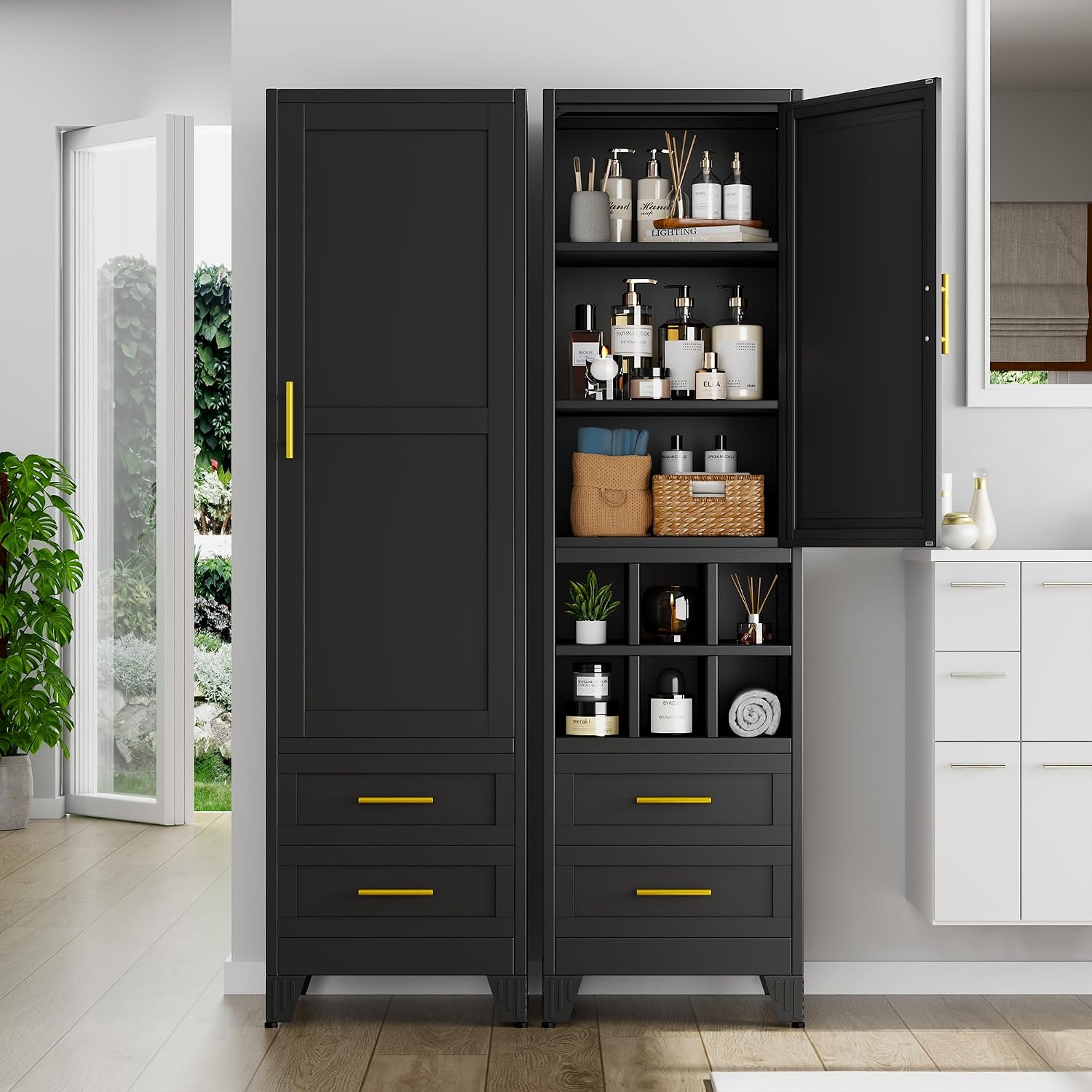 67" Tall Narrow Metal Storage Cabinet, Freestanding Pantry Organizer, Black | Slim Bathroom Cabinets with 2 Drawers & 3 Adjustable Shelves, Multi-Use Cupboard for Kitchen Office Living＆ Dining Room
