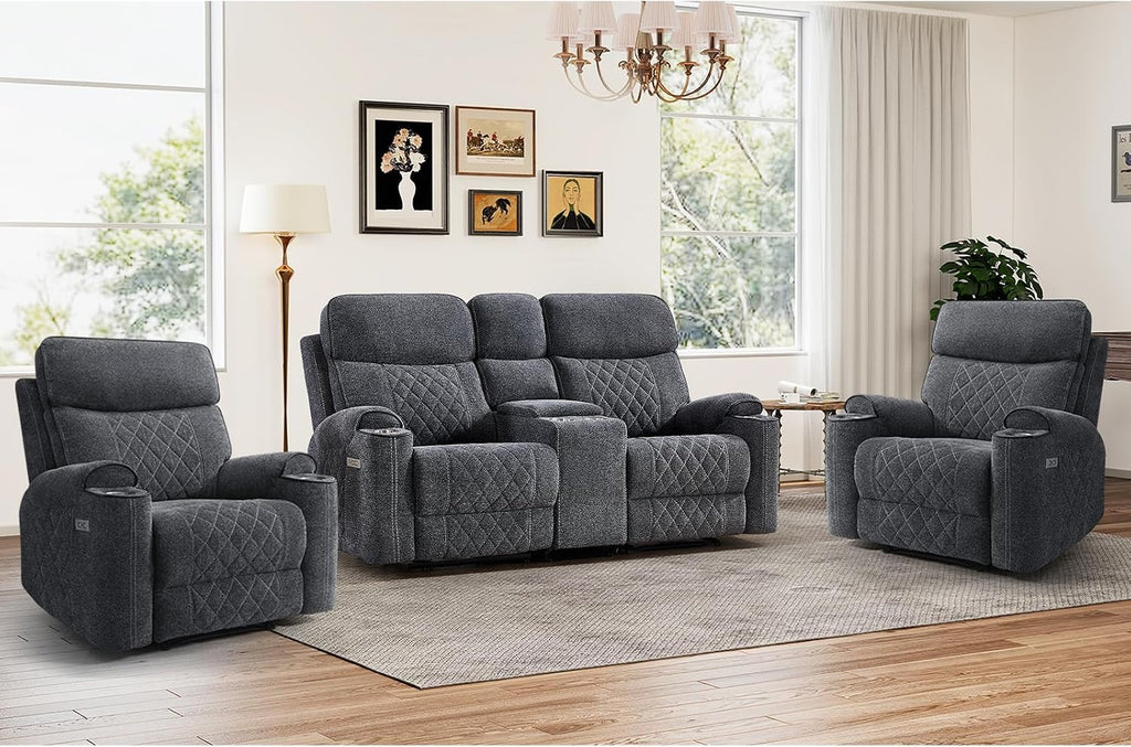 HAOMARKETS 3-Piece Recliner Sofa Set with Charging Ports, Include 2 Power Recliner Chairs and Electric 2-Seater Loveseat Reclining Couch with Hidden Storage and Cup Holders for Living Room, Dark Grey