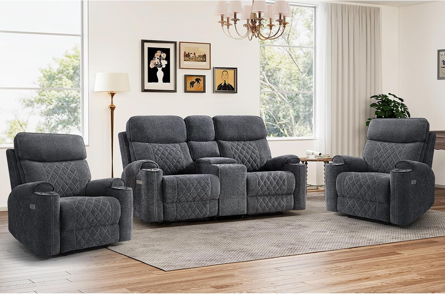 HAOMARKETS 3-Piece Recliner Sofa Set with Charging Ports, Include 2 Power Recliner Chairs and Electric 2-Seater Loveseat Reclining Couch with Hidden Storage and Cup Holders for Living Room, Dark Grey