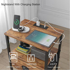 sthmec Nightstands Set of 2, Night Stands with Charging Station and Fabric Drawer, Bedside Tables with Drawers, 2- Tier Side Table with Open Shelf, Nightstands with Charging Station,Rustic Brown