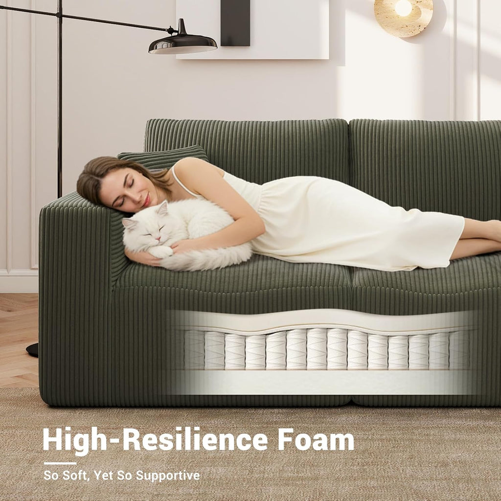 Modular Loveseat Couch Cloud Couches for Living Room - 79" Sofa - No Assembly Required, Cozy Corduroy Convertible Full Sponge Compression Sofas for House, Apartment(Green)