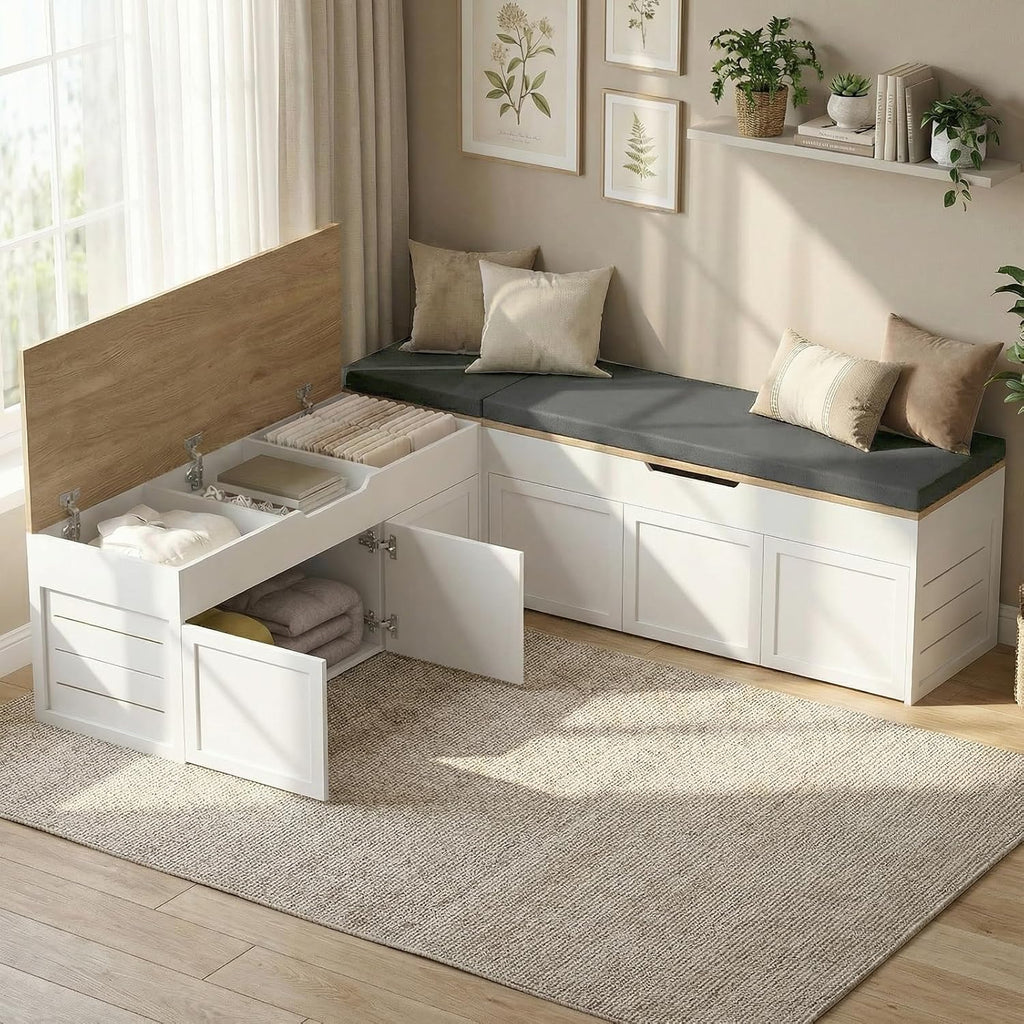 Kikihouse L-Shaped Corner Storage Bench with Cushion, Backless Wood Bench with Hidden Storage, for Dining Nook, Kitchen, Entryway, Cloakroom (Bench+Light Gray Cushion)