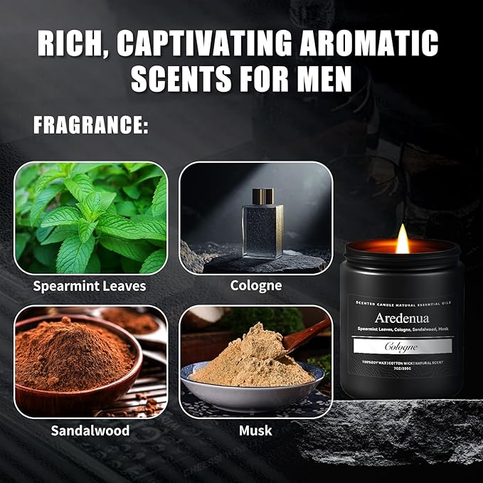 Cologne Candle, Manly Candles for Home Scented, Masculine Scented Candle, Aromatherapy Gifts for Men - 7oz Soy Wax, 50 Hours Burn Time, Perfect for Relaxing Home Fragrance