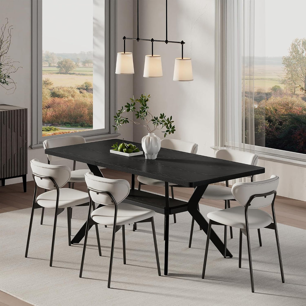 MECHYIN Extendable Dining Table for 4-8, 55-71 in, Storage Shelf, Black | Flip Leaf Stores Under Top, No-Gap Metal Connectors, Chairs Tuck Under Pedestal Base, Wood-Grain MDF Top, Fits Apartments