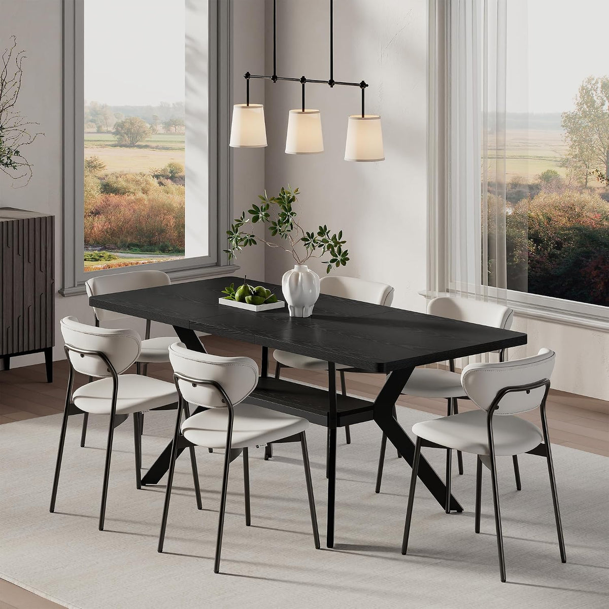 MECHYIN Extendable Dining Table for 4-8, 55-71 in, Storage Shelf, Black | Flip Leaf Stores Under Top, No-Gap Metal Connectors, Chairs Tuck Under Pedestal Base, Wood-Grain MDF Top, Fits Apartments