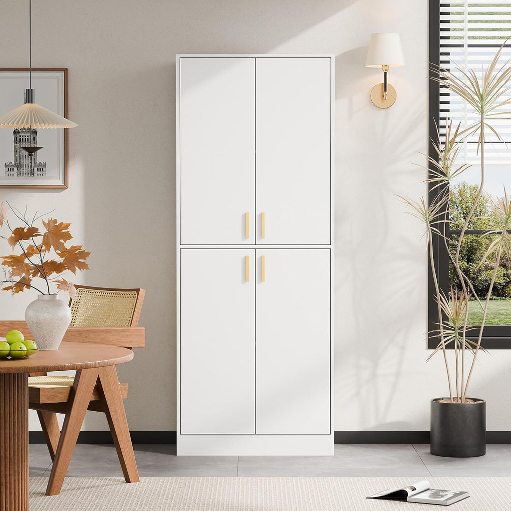 Cozy Castle Kitchen Pantry Cabinet, 71" Tall Wood Storage Cabinet with Doors and Shelves 4 Doors Freestanding Cupboard for Dining Room Living Room Furniture, White