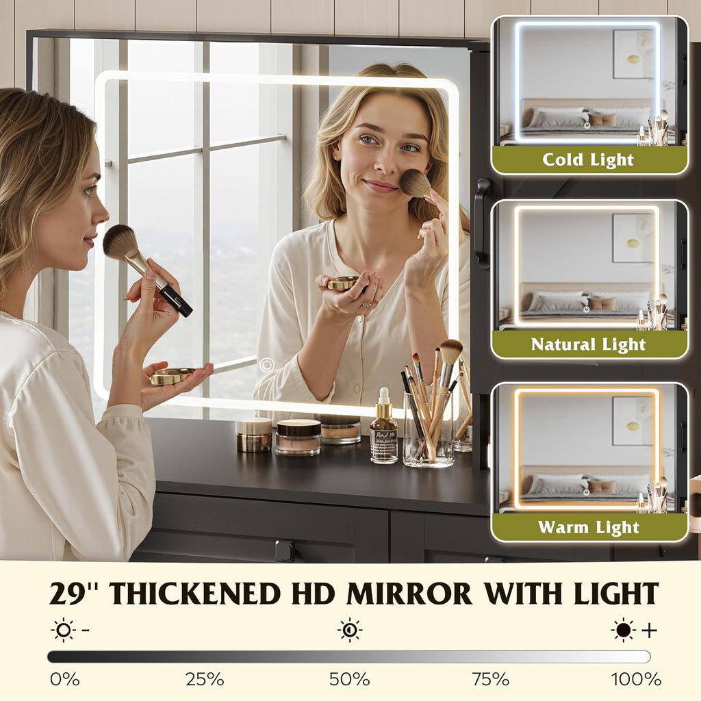 WLIVE Farmhouse Vanity Desk with LED Mirror & Stool, Black | Charging station (2AC+2USB), 3CCT lighted mirror, Sturdy FSC wood (165lbs), Hair dryer holder, W/ stool