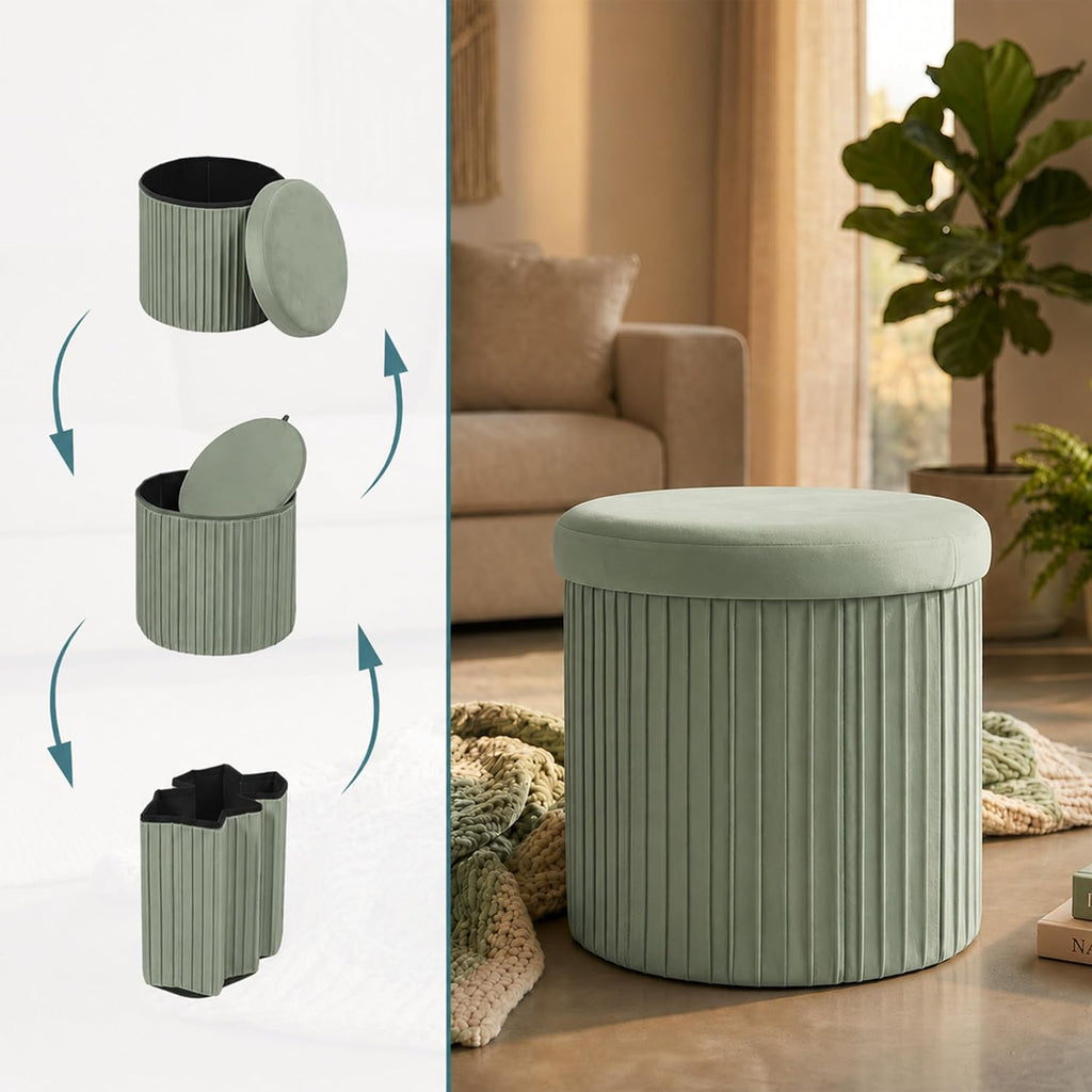 Relaxdays Velvet Stool with Storage Upholstered Foldable Height 38 x Depth 38 cm Round Side Stool Sage