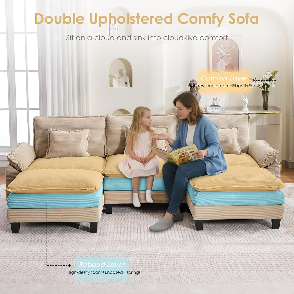 URRED Oversized Modular Sectional Sofa，Solid Khaki：122" U Shaped | Modern Comfy Cloud Couch with Movable Ottoman and Pillow, Deep Seat Couches for Living Room, Bedroom or Apartment