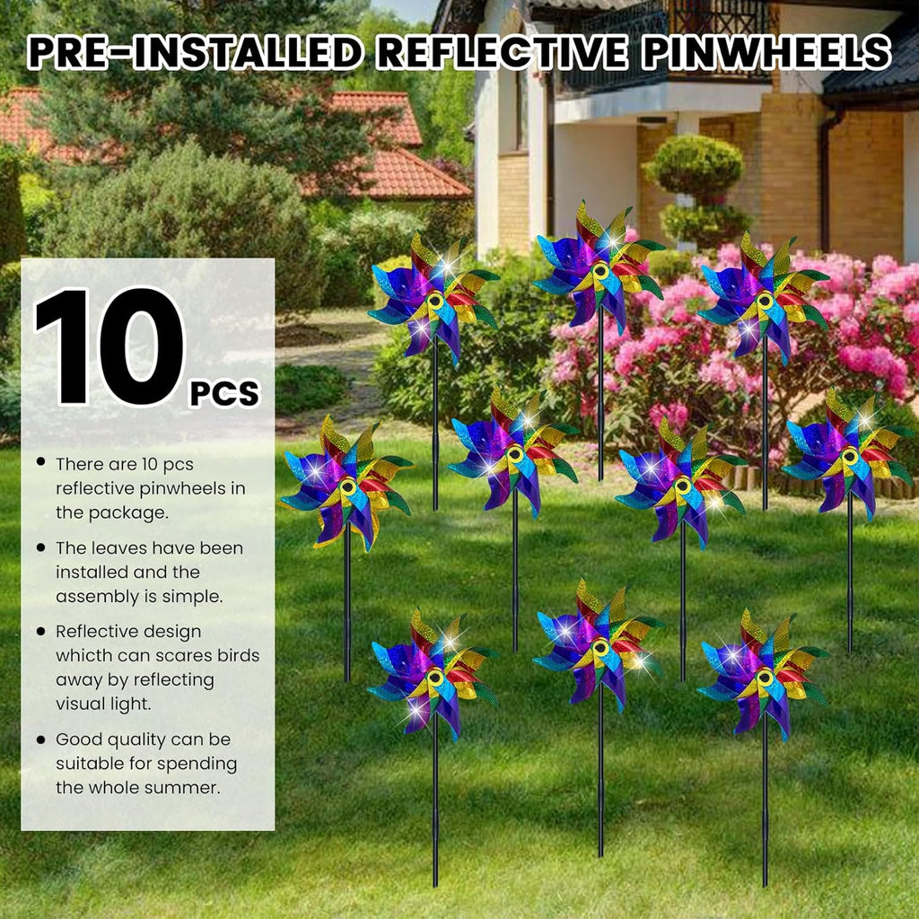 10 PCS Reflective Pinwheels for Yard and Garden Bird Devices Pre-Installed Sparkly Wind Spinner Deterrent to Scare Birds Away from Yard Patio Farm (Multicolor-1)