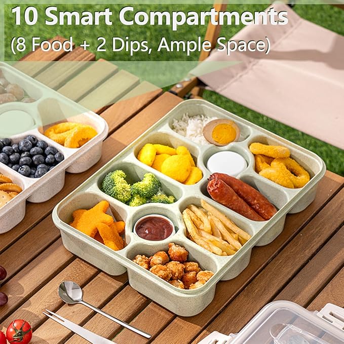 (Diswasher Safe) Divided Snackle Box Container with Lid,Snack Box Container with Cutlery Storage,Fork and Spoon,Fruit Tray,Portable Snack Organizer